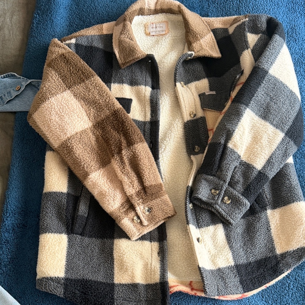 Women’s Brixton Cream, Brown & Gray Check Sherpa Jacket